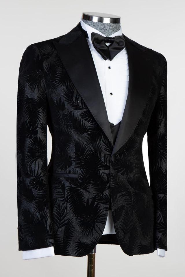 David Modern Black 3-piece Jacquard Peaked Lapel Suit for Men-BallBride