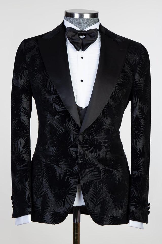 David Modern Black 3-piece Jacquard Peaked Lapel Suit for Men-BallBride