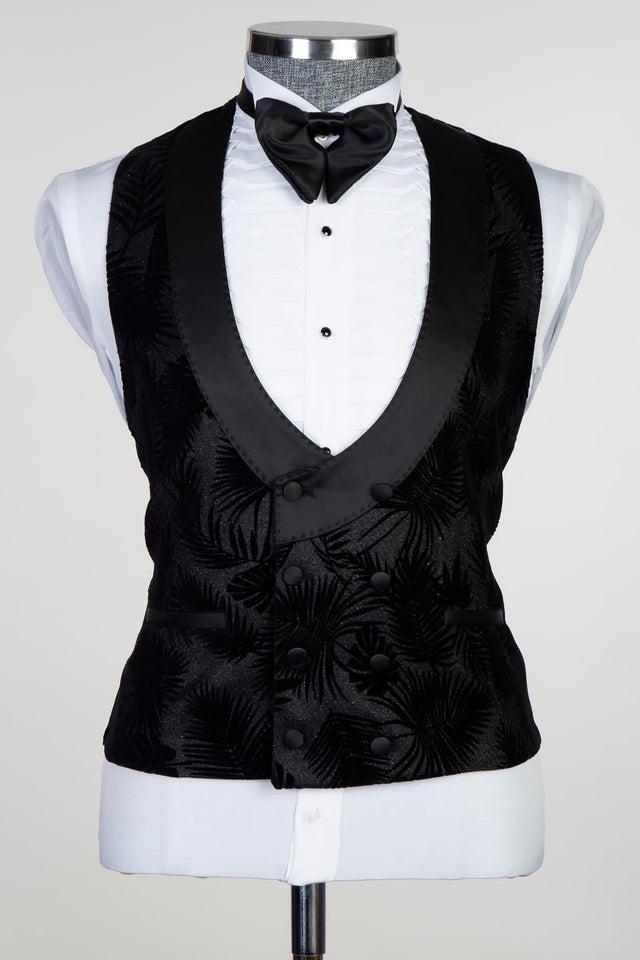 David Modern Black 3-piece Jacquard Peaked Lapel Suit for Men-BallBride