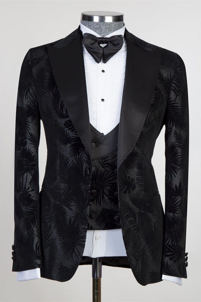 David Modern Black 3-piece Jacquard Peaked Lapel Suit for Men-BallBride