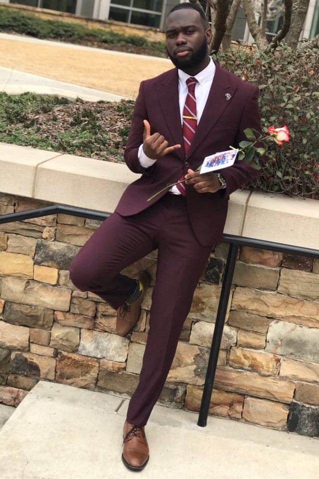 David's Stylish One-Button Dark Burgundy Peaked Lapel Prince Suit for Prom-BallBride