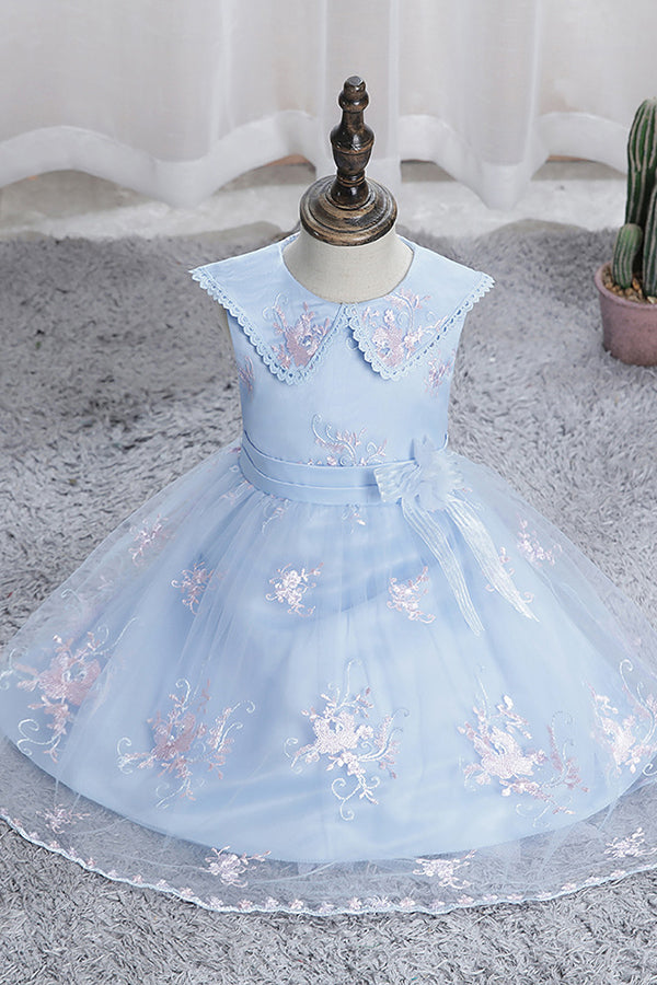 Dazzling Blue Appliques Tulle Knee Length Flower Girl Dress-BallBride