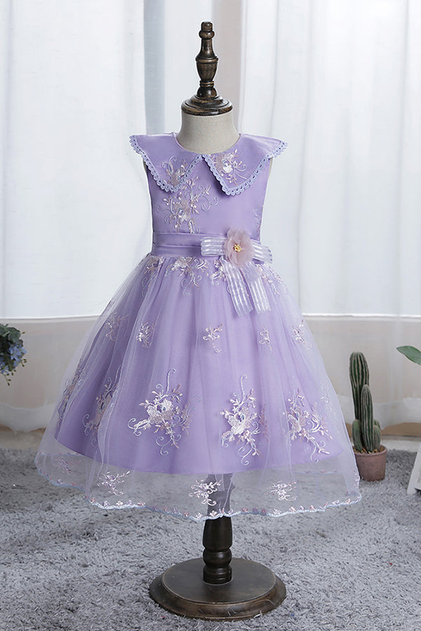 Dazzling Blue Appliques Tulle Knee Length Flower Girl Dress-BallBride