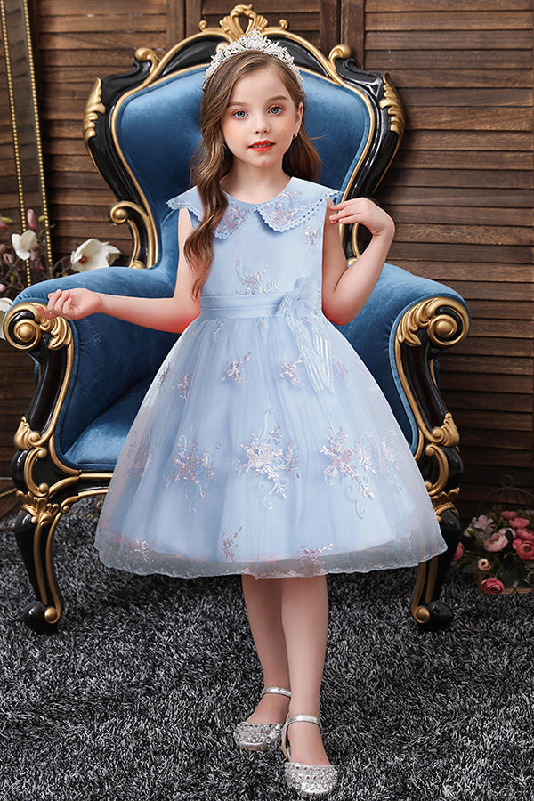 Dazzling Blue Appliques Tulle Knee Length Flower Girl Dress-BallBride