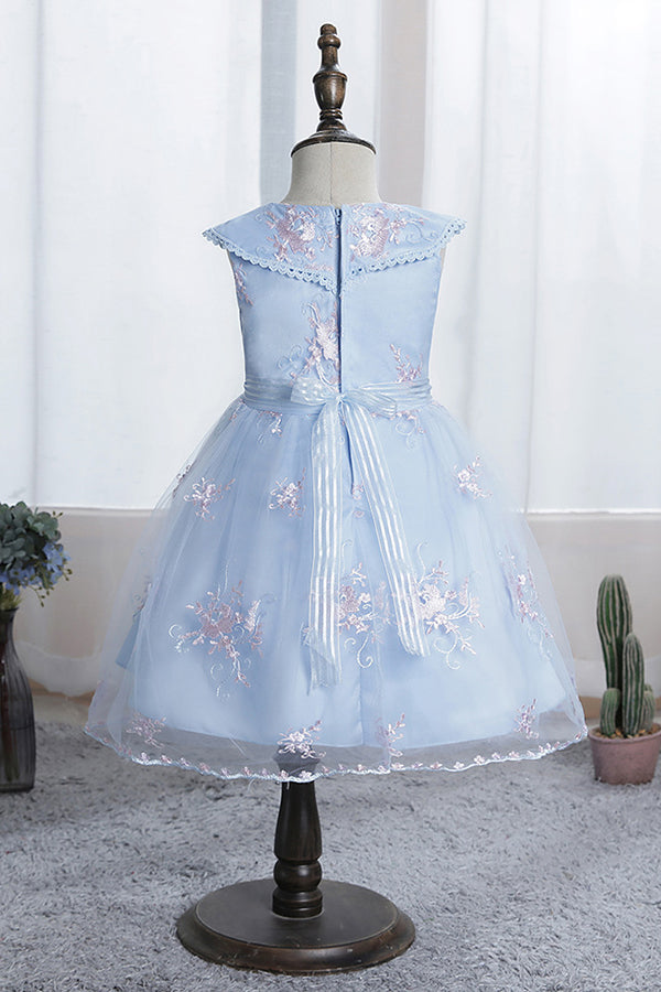 Dazzling Blue Appliques Tulle Knee Length Flower Girl Dress-BallBride