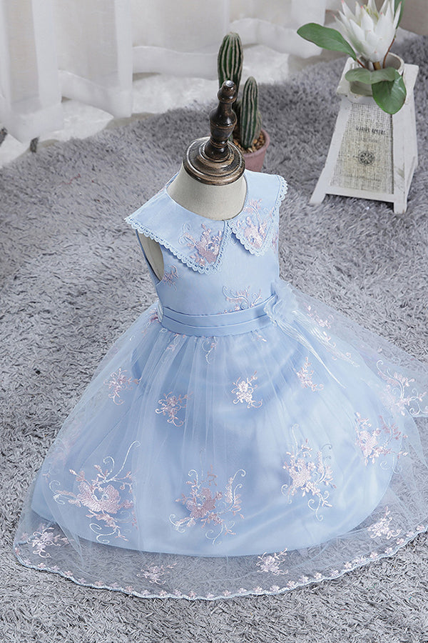 Dazzling Blue Appliques Tulle Knee Length Flower Girl Dress-BallBride