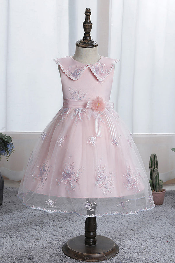 Dazzling Blue Appliques Tulle Knee Length Flower Girl Dress-BallBride