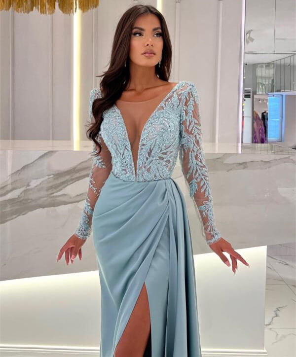 Deep V-Neck Long Sleeve Lace Satin Slit Floor Length Prom Dress-BallBride