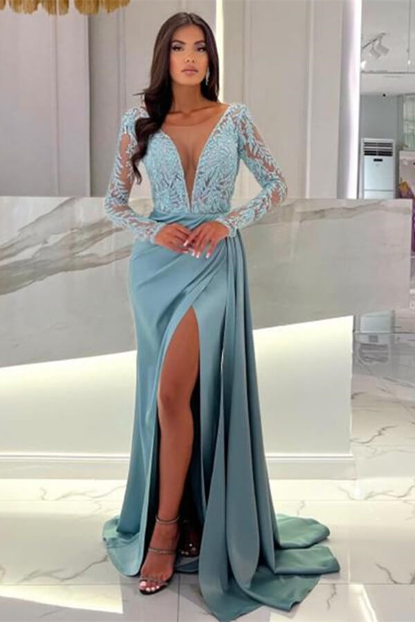 Deep V-Neck Long Sleeve Lace Satin Slit Floor Length Prom Dress-BallBride