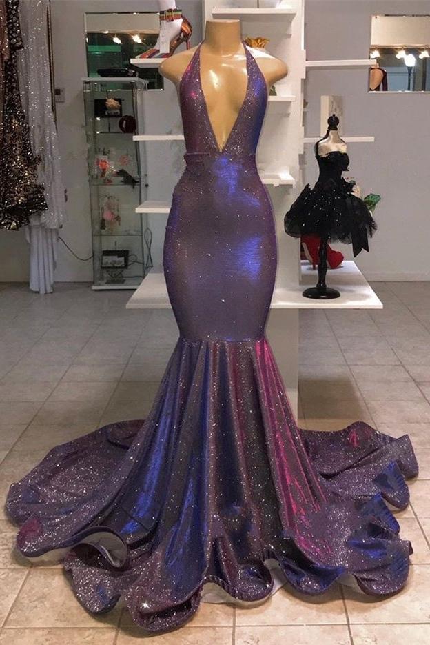 Deep V-Neck Mermaid Sequins Prom Dress Long Party Gowns-BallBride