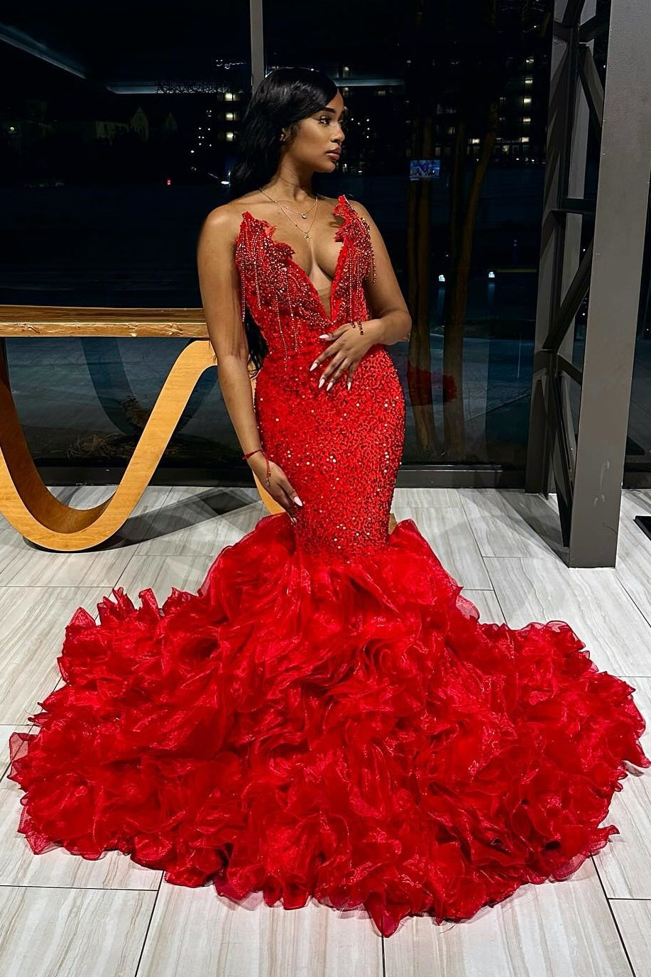 Deep V-Neck Red Lace Up Mermaid Ruffles Sexy Prom Dress-BallBride
