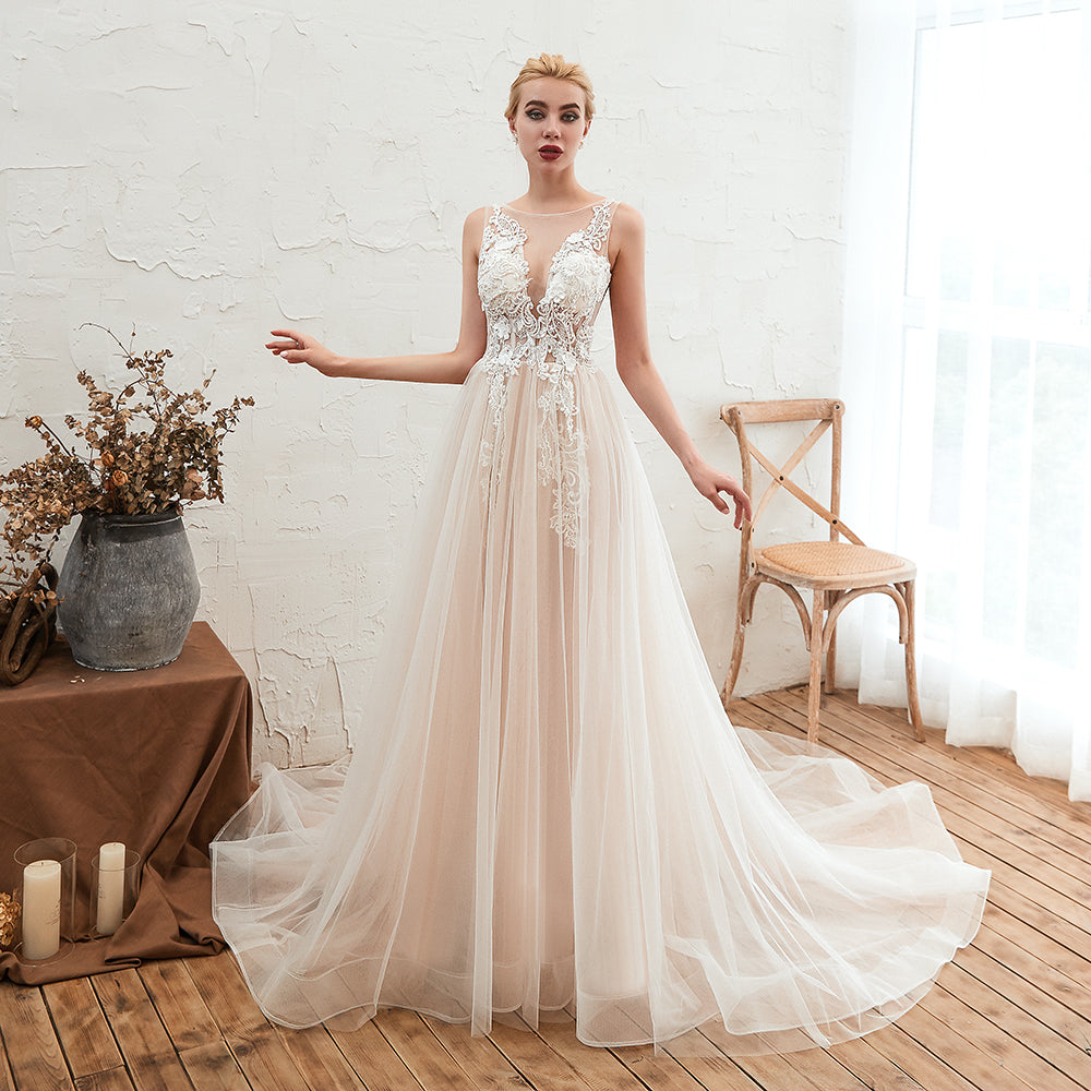 Delicate A-line Tulle Wedding Dress With Floral Lace and Bateau Open Back-BallBride