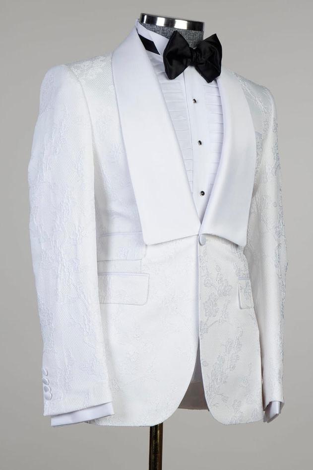 Dennis White Jacquard Shawl Lapel Three Piece Men Suit for Wedding Prom-BallBride