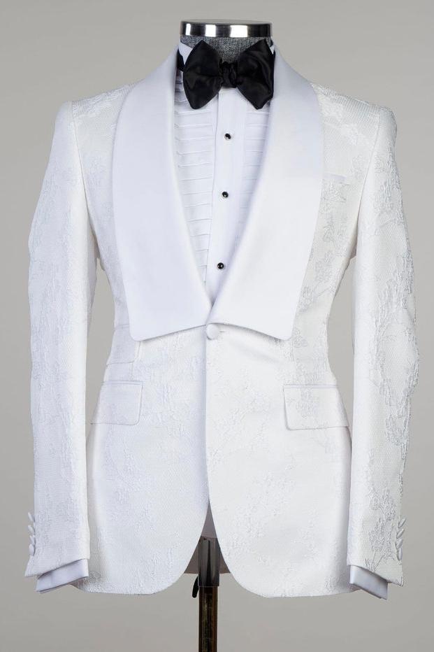 Dennis White Jacquard Shawl Lapel Three Piece Men Suit for Wedding Prom-BallBride