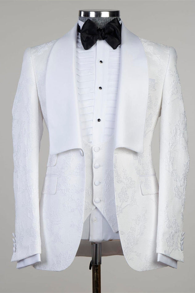 Dennis White Jacquard Shawl Lapel Three Piece Men Suit for Wedding Prom-BallBride