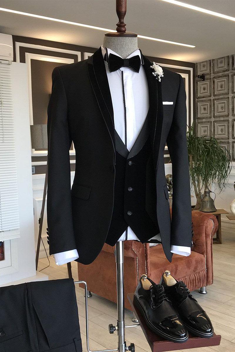 Derrick Classic 3-Piece Black Shawl Lapel Slim Fit Wedding Tuxedos for Grooms-BallBride