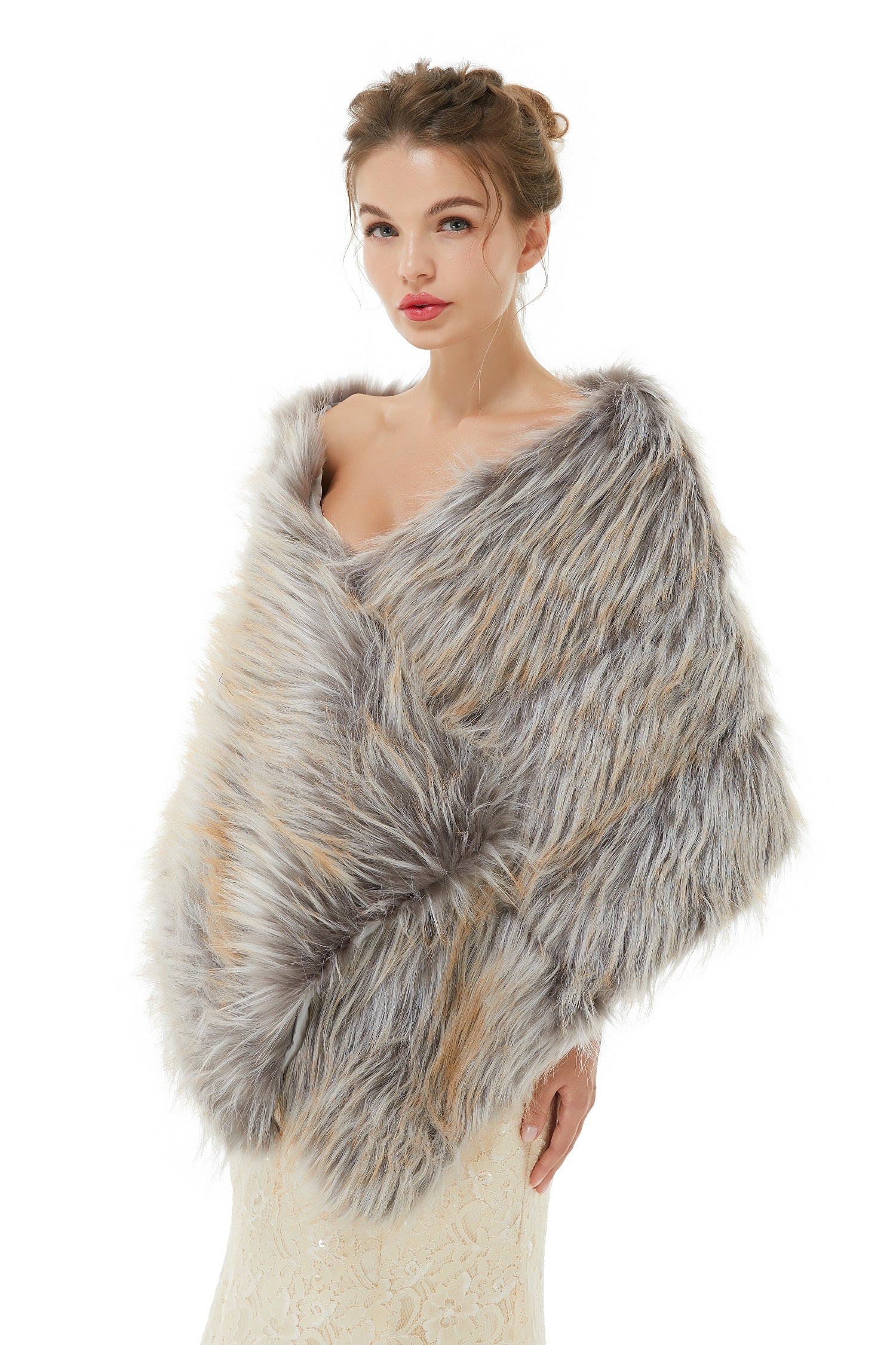 Designer Grey Brown Faux Fur Shawl Winter Wraps-BallBride