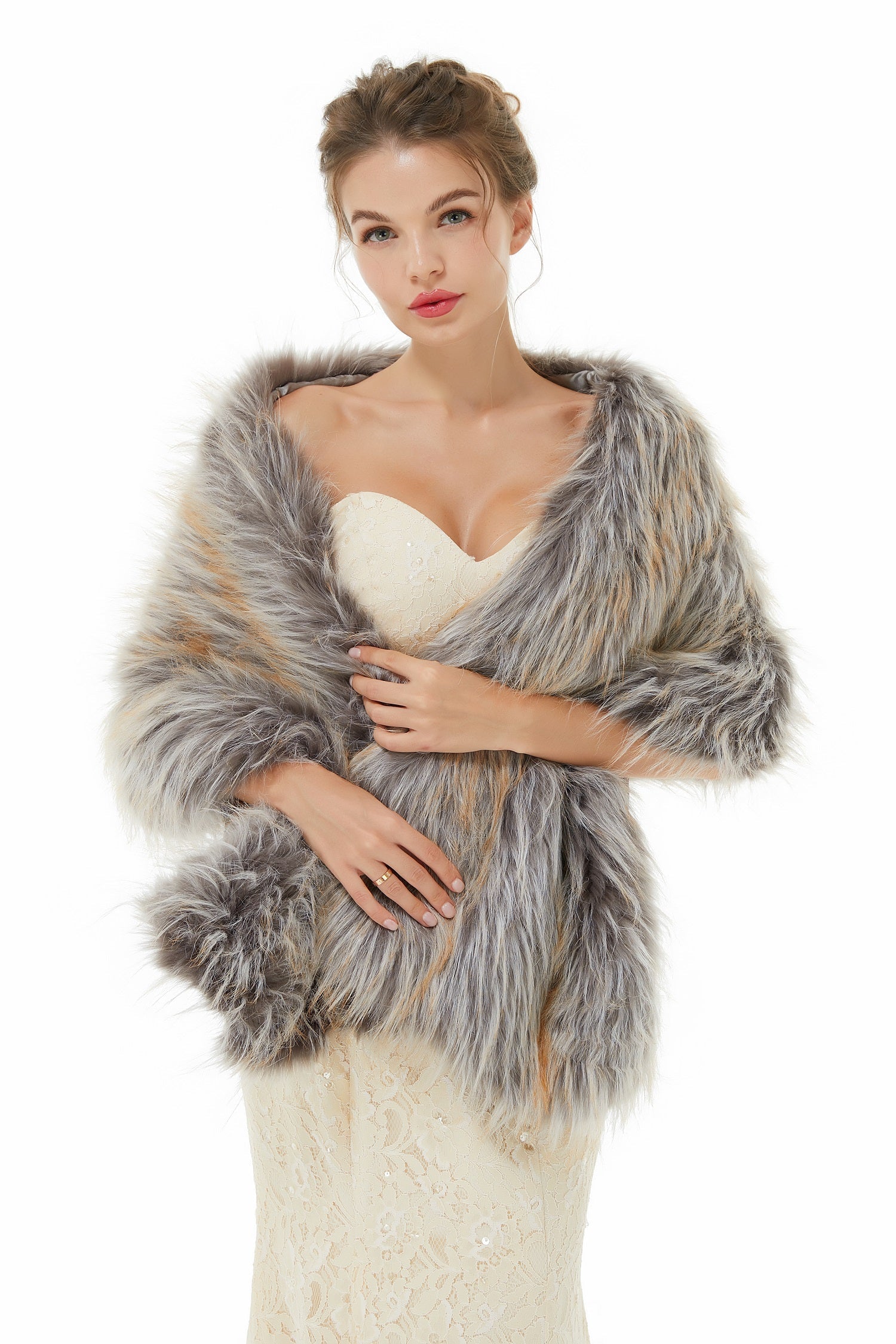 Designer Grey Brown Faux Fur Shawl Winter Wraps-BallBride