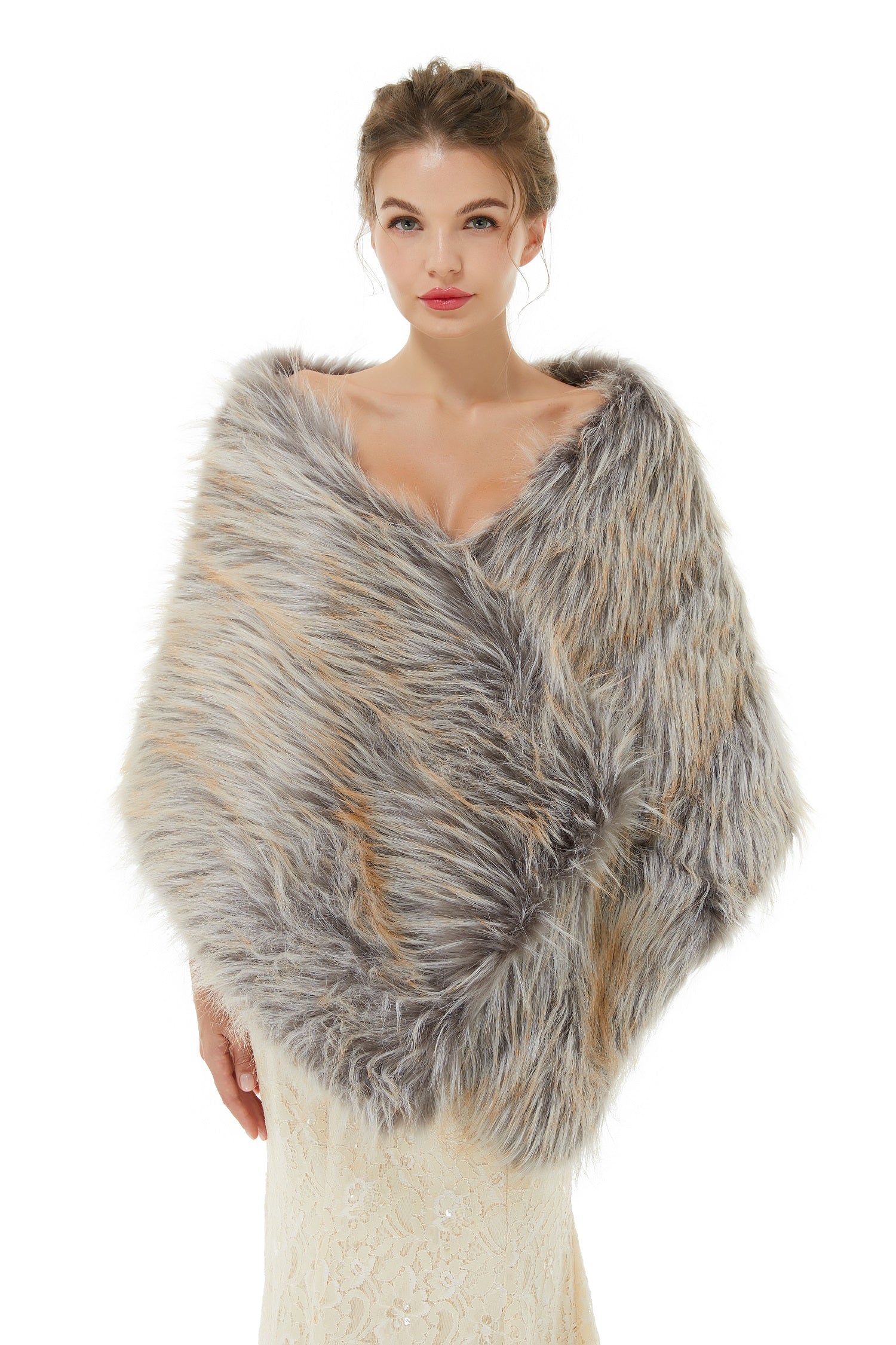 Designer Grey Brown Faux Fur Shawl Winter Wraps-BallBride