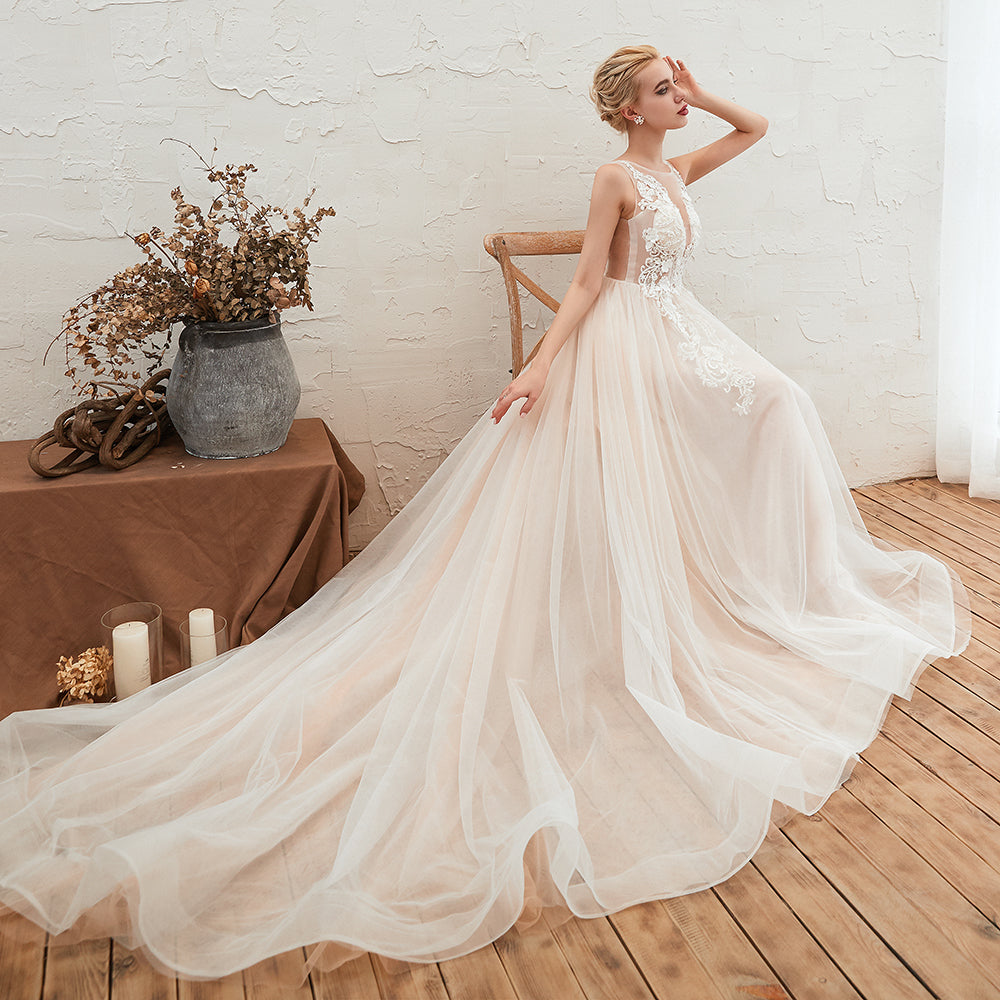 Designer Scoop Tulle Wedding Dress With Lace Appliques and Open Back-BallBride