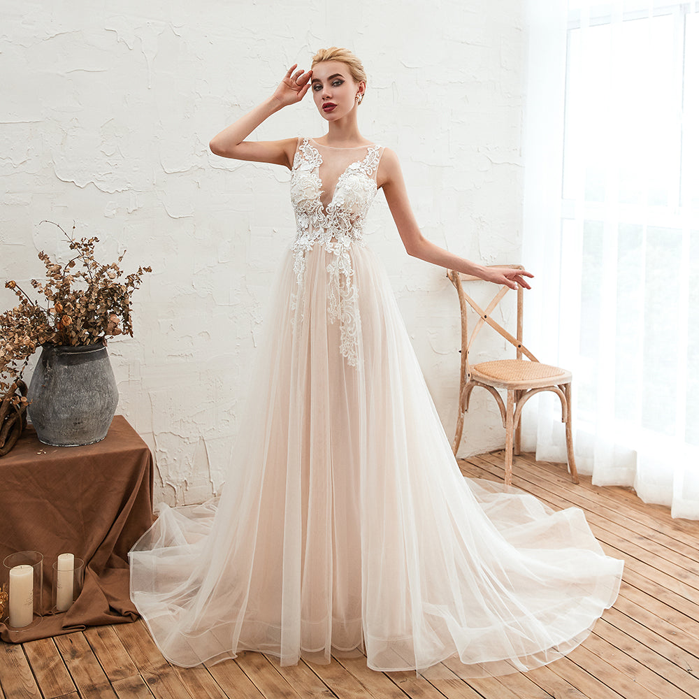 Designer Scoop Tulle Wedding Dress With Lace Appliques and Open Back-BallBride