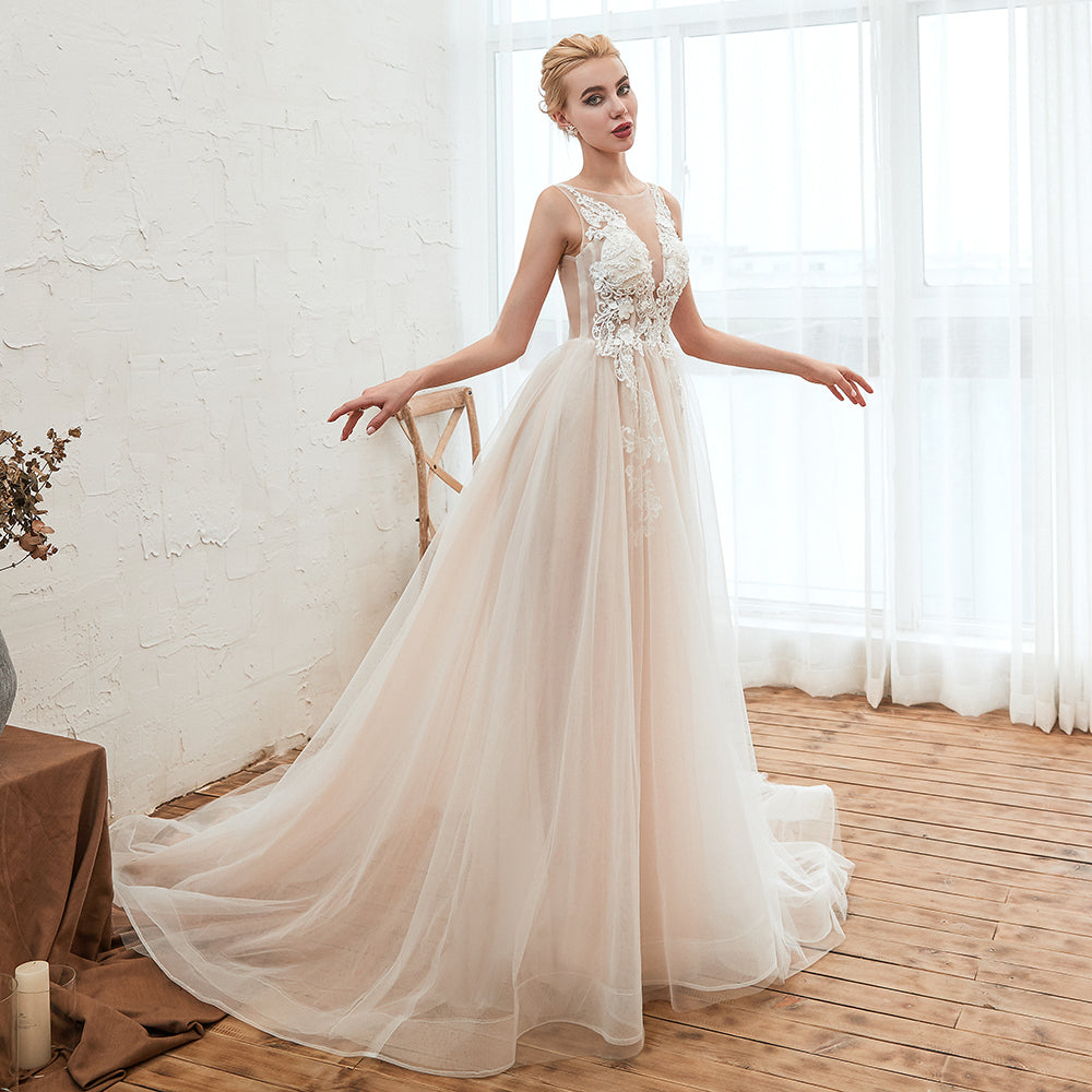 Designer Scoop Tulle Wedding Dress With Lace Appliques and Open Back-BallBride