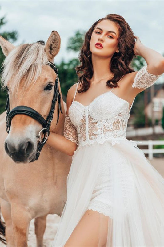 Detachable Lace Spaghetti-Strap Wedding Dress with Split Sleeves-BallBride