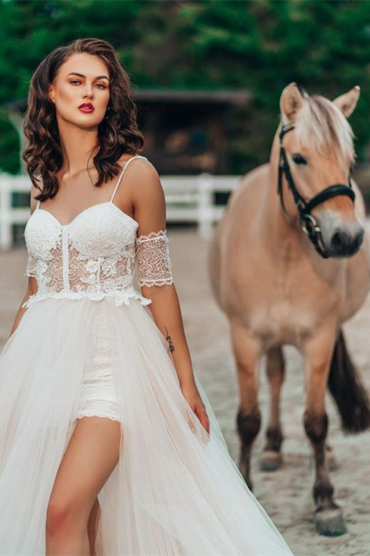 Detachable Lace Spaghetti-Strap Wedding Dress with Split Sleeves-BallBride