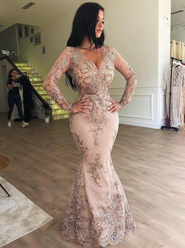 Detachable Overskirt Long Sleeves Prom Dress Mermaid Lace Evening Gowns-BallBride