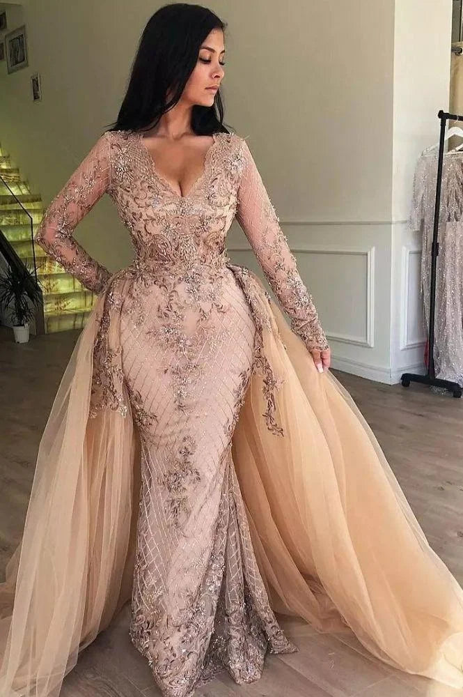 Detachable Overskirt Long Sleeves Prom Dress Mermaid Lace Evening Gowns-BallBride