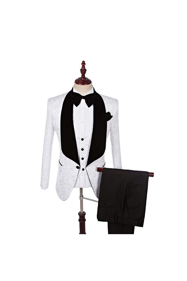 Dillon White Three-Piece Jacquard Shawl Lapel Wedding Suit-BallBride