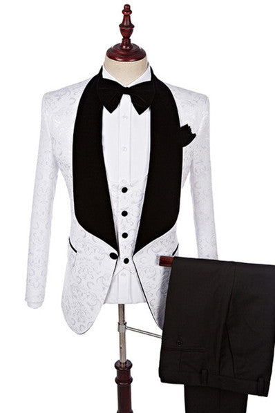 Dillon White Three-Piece Jacquard Shawl Lapel Wedding Suit-BallBride