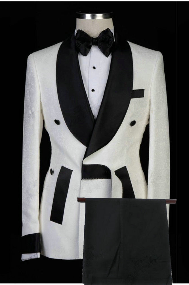 Dominick White Wedding Suit - Jacquard Shawl Lapel Fashion-BallBride