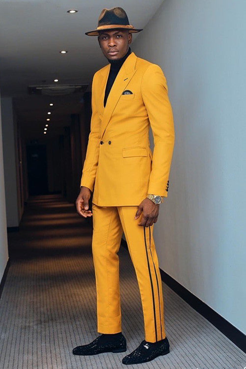 Double Breasted Bespoke Business Suit with Yellow Peaked Lapel for Prom-BallBride