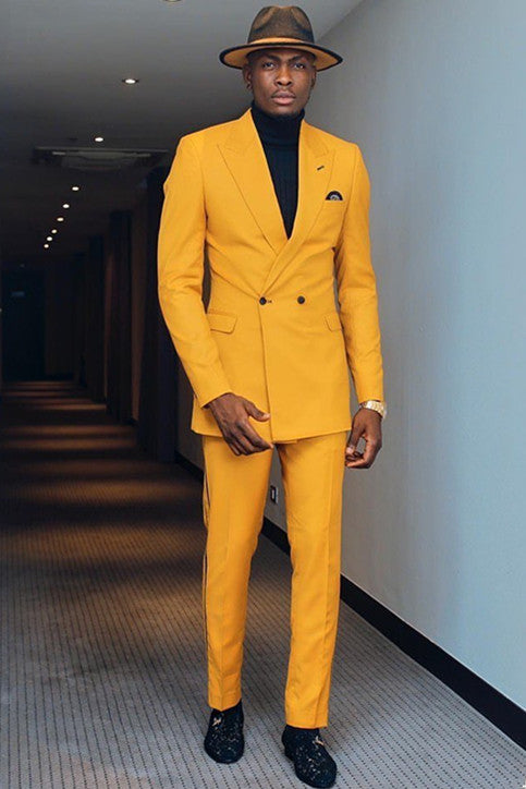 Double Breasted Bespoke Business Suit with Yellow Peaked Lapel for Prom-BallBride