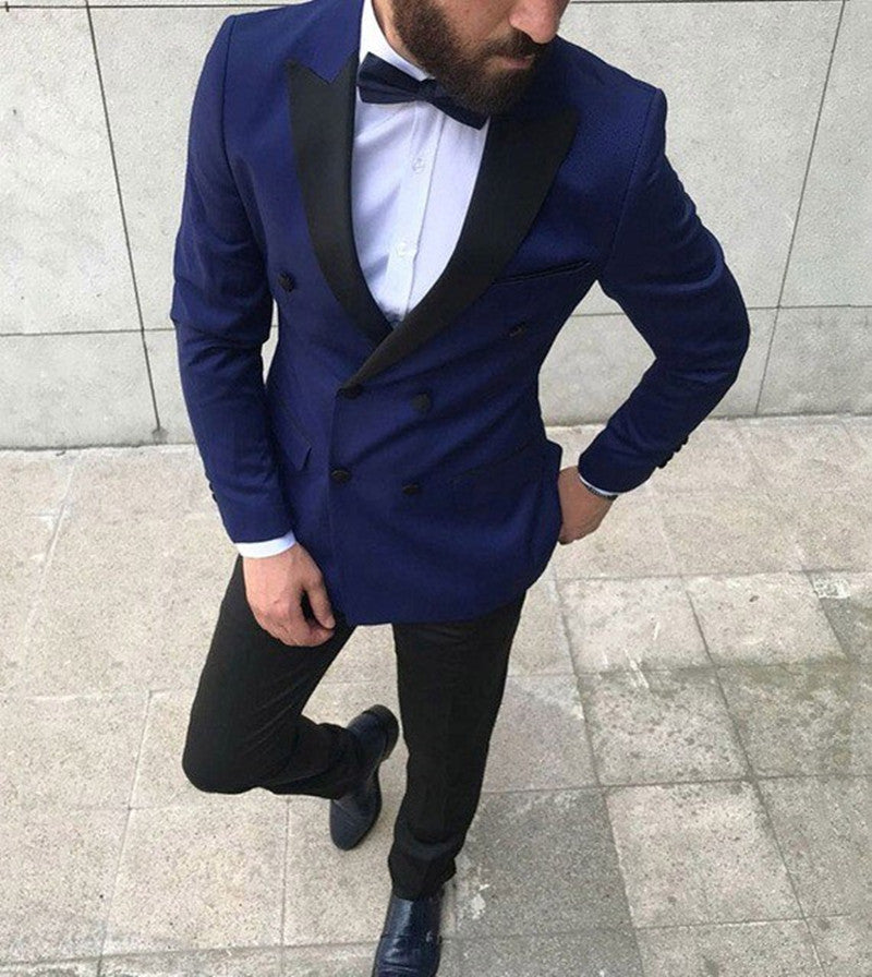 Double Breasted Navy Blue Peaked Lapel Prom Suits for Guys-BallBride