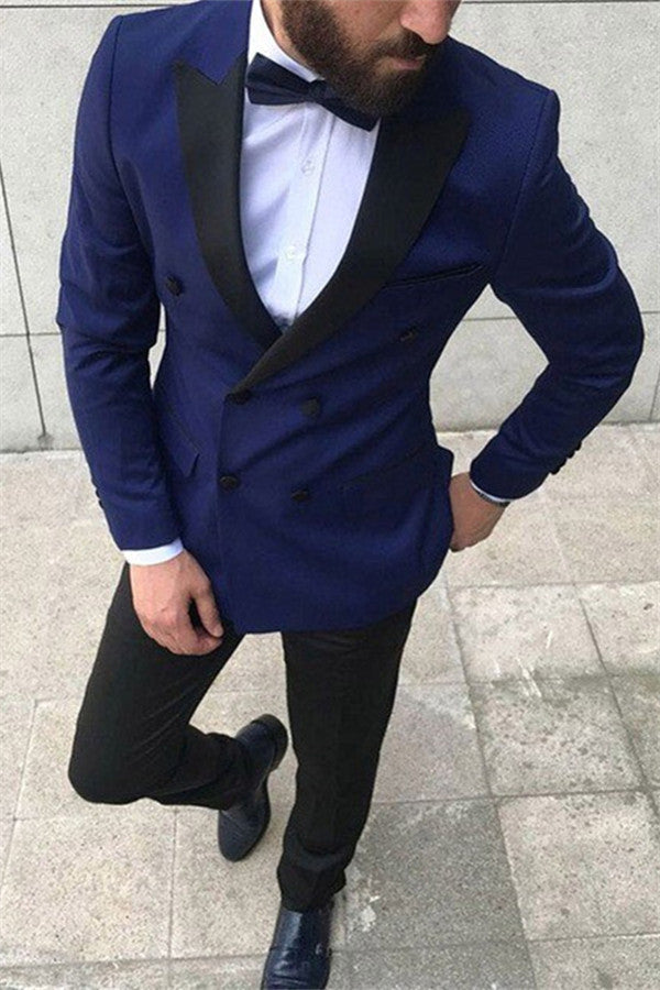 Double Breasted Navy Blue Peaked Lapel Prom Suits for Guys-BallBride