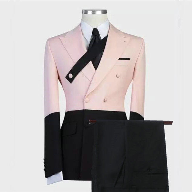 Double Breasted Ring Bearer Suits with Stitching Peaked Lapel Pink and Black-BallBride