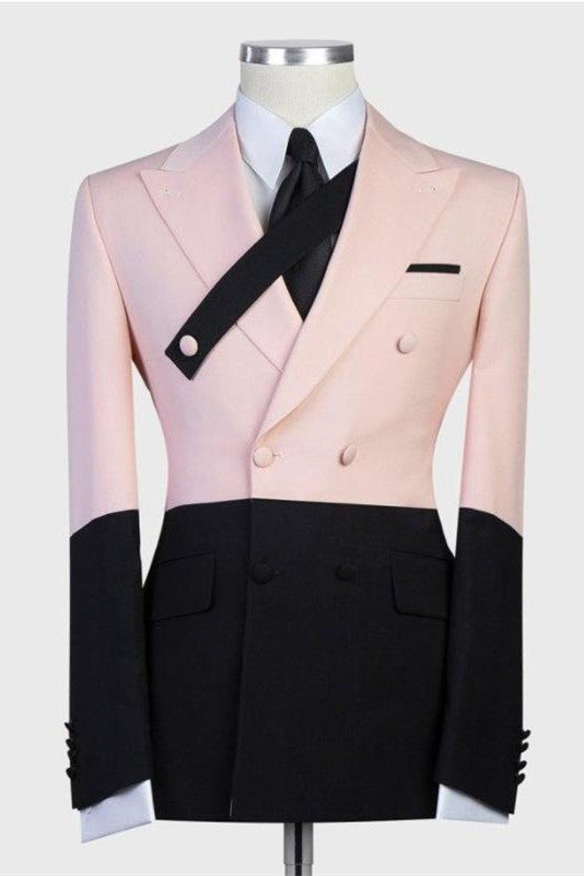Double Breasted Ring Bearer Suits with Stitching Peaked Lapel Pink and Black-BallBride