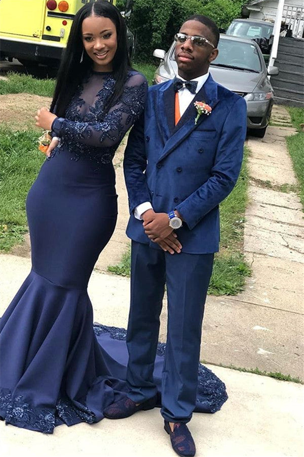 Double Breasted Velvet Navy Blue Prom Outfits for Guys with Peaked Lapel-BallBride
