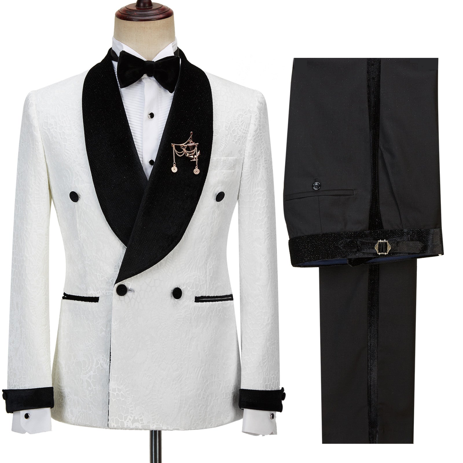 Double Breasted White Sparkle Jacquard Shawl Lapel Reception Suit For Guys-BallBride