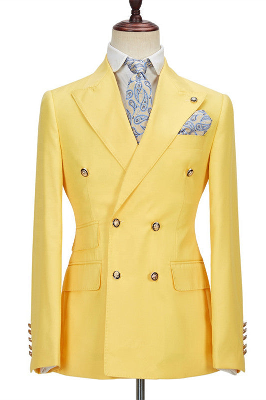 Double Breasted Yellow Peaked Lapel Casual Prom Outfit for Guys-BallBride