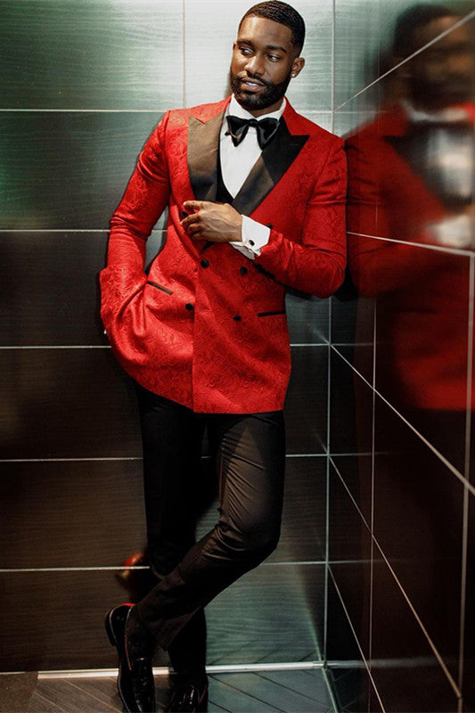 Draven Hot Red Jacquard Wedding Men Suits-BallBride