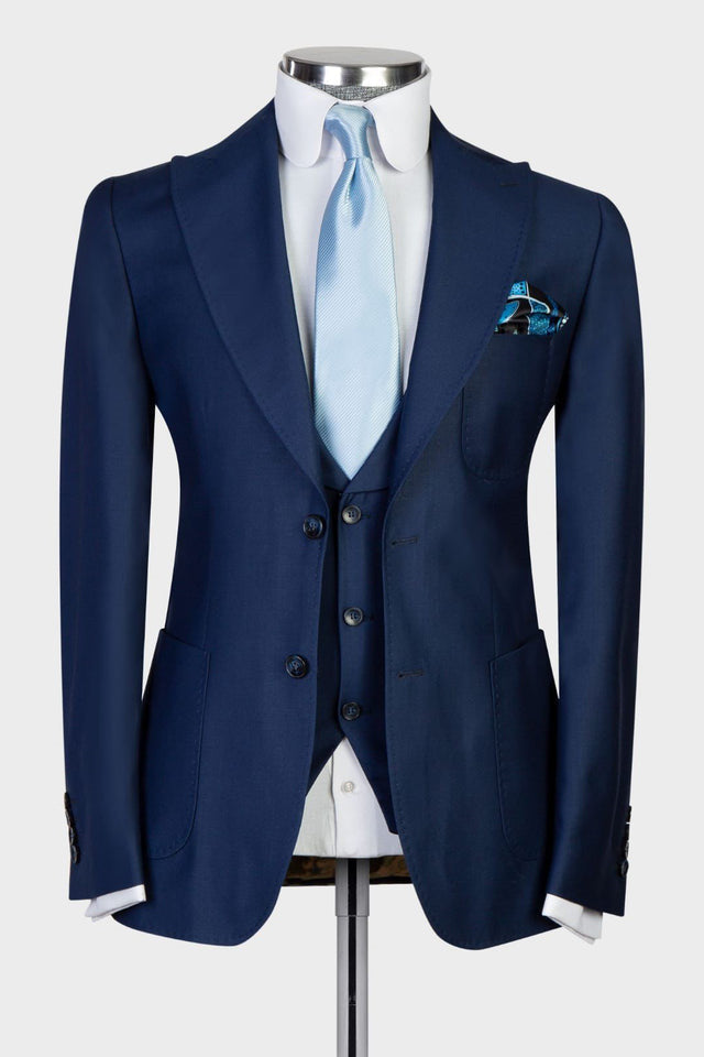 Dud New Arrival Navy Peaked Lapel 3-Piece Business Suit for Men-BallBride