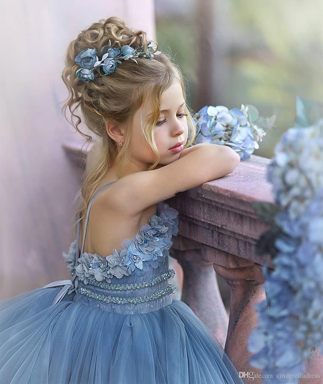 Dusty Blue Flower Girl Dresses with Spaghetti Straps & Lace Appliques-BallBride