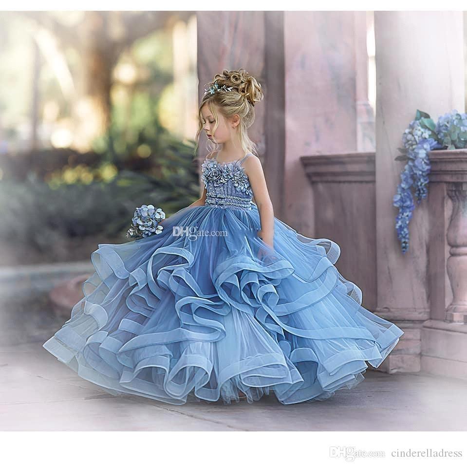 Dusty Blue Flower Girl Dresses with Spaghetti Straps & Lace Appliques-BallBride