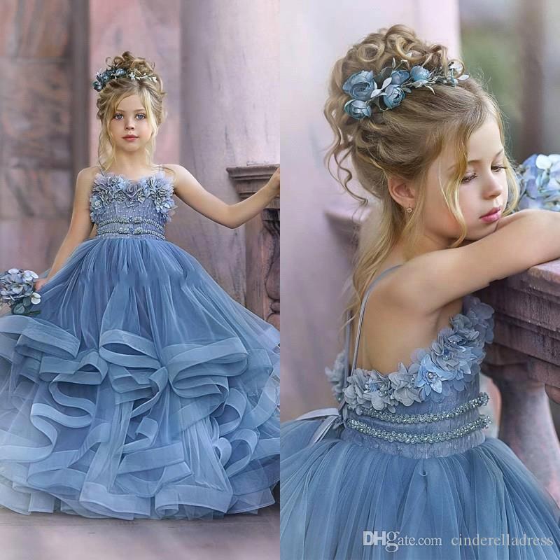 Dusty Blue Flower Girl Dresses with Spaghetti Straps & Lace Appliques-BallBride