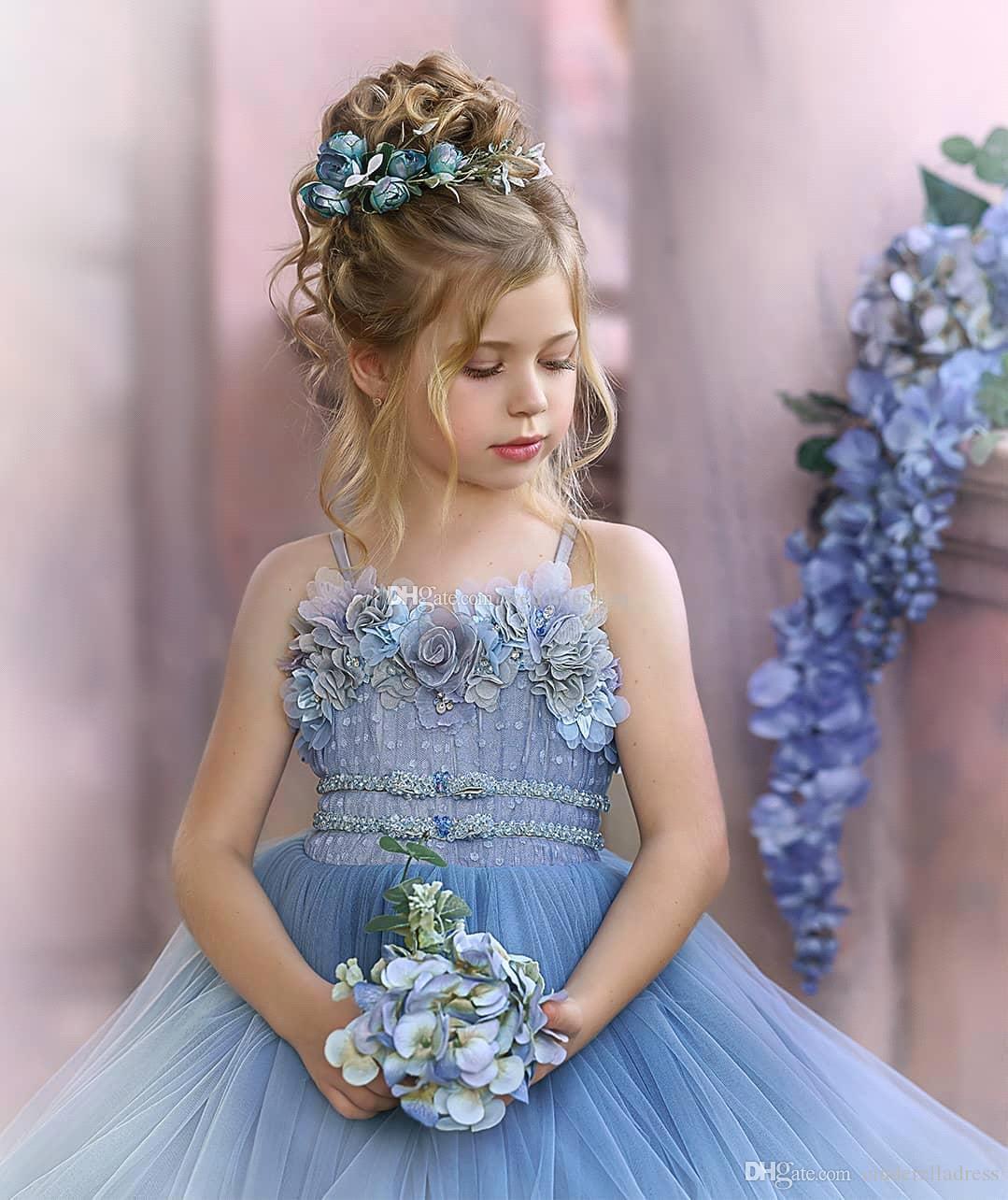Dusty Blue Flower Girl Dresses with Spaghetti Straps & Lace Appliques-BallBride