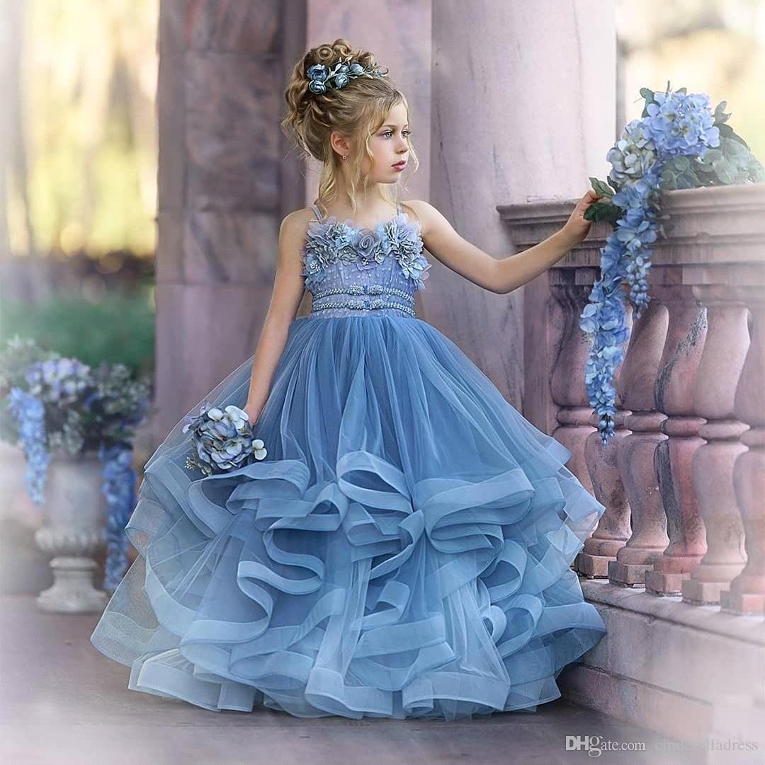 Dusty Blue Flower Girl Dresses with Spaghetti Straps & Lace Appliques-BallBride