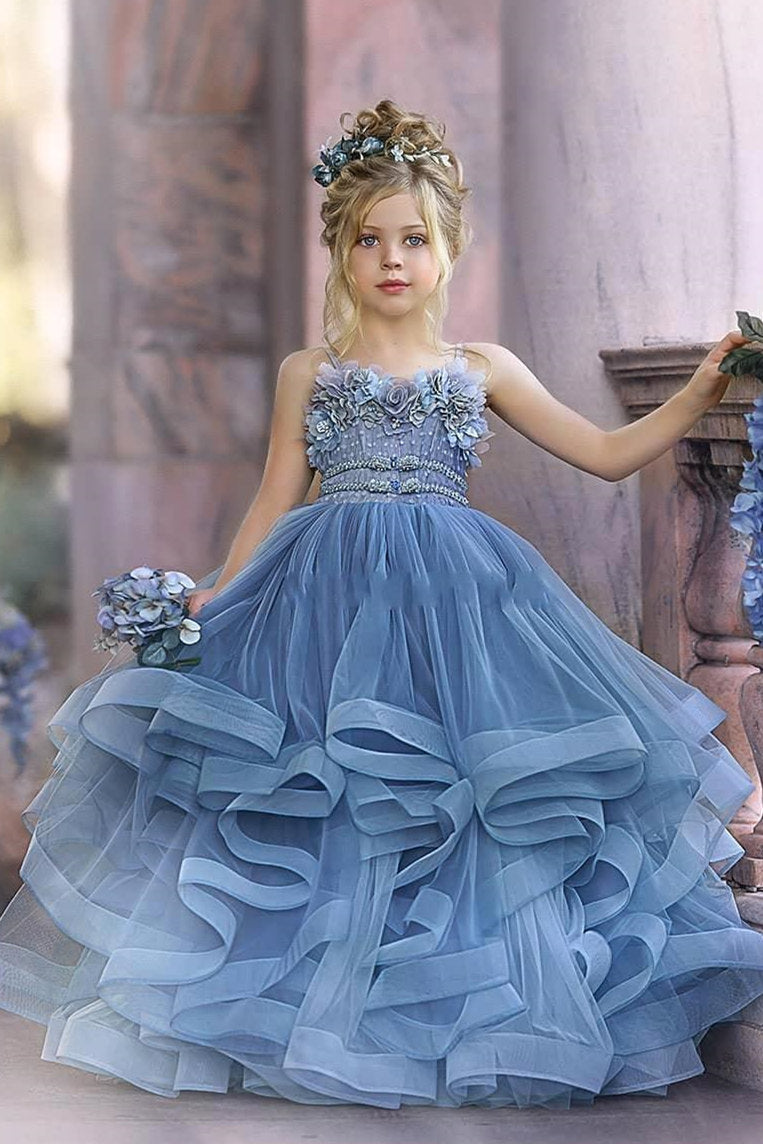 Dusty Blue Flower Girl Dresses with Spaghetti Straps & Lace Appliques-BallBride